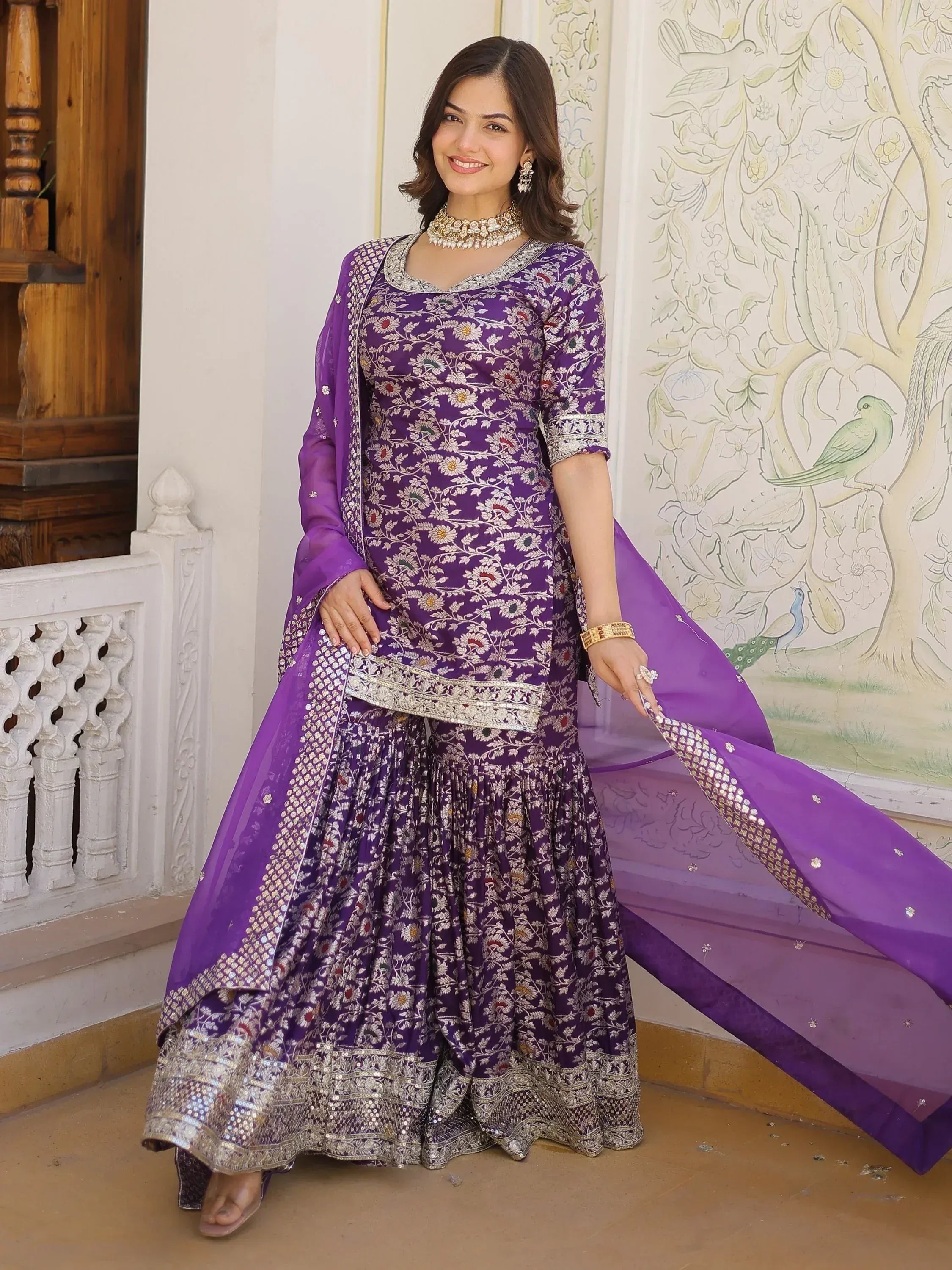 Purple floral embroidered Indian salwar kameez with dupatta, perfect for weddings and festive occasions