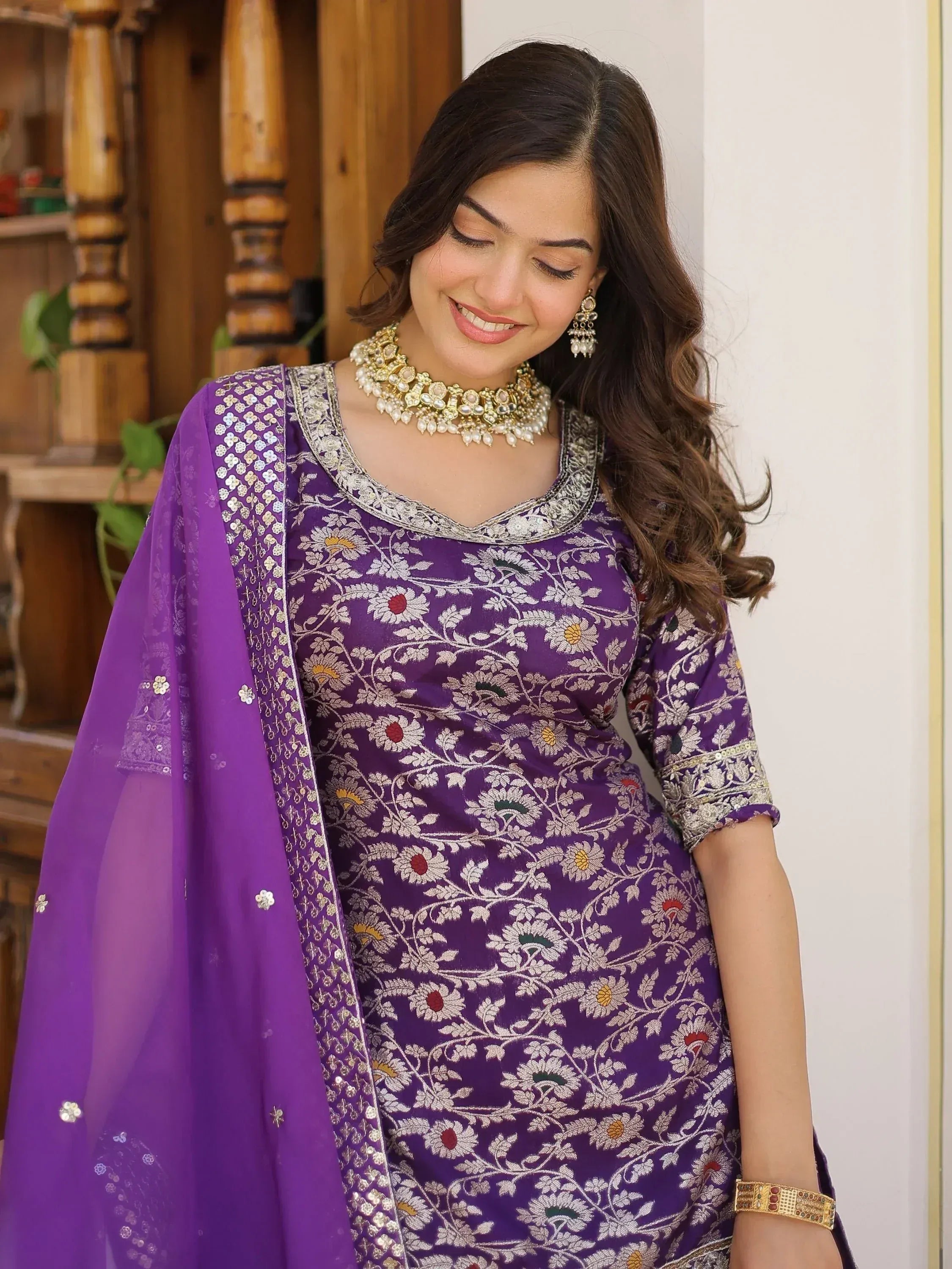 Purple floral embroidered salwar kameez with matching dupatta, perfect for Indian ethnic occasions