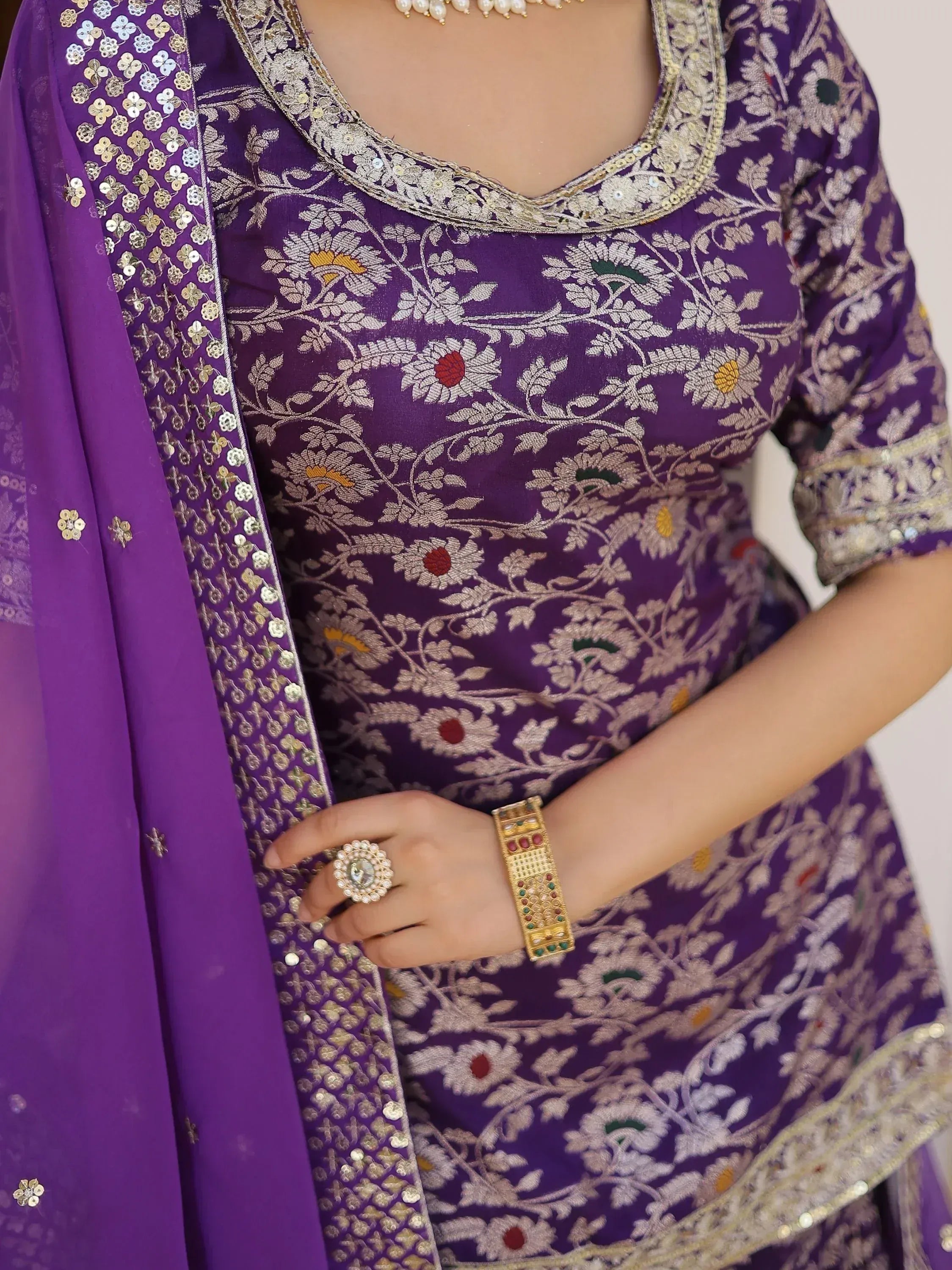 Purple floral embroidered salwar kameez with sequin dupatta, traditional Indian ethnic wear