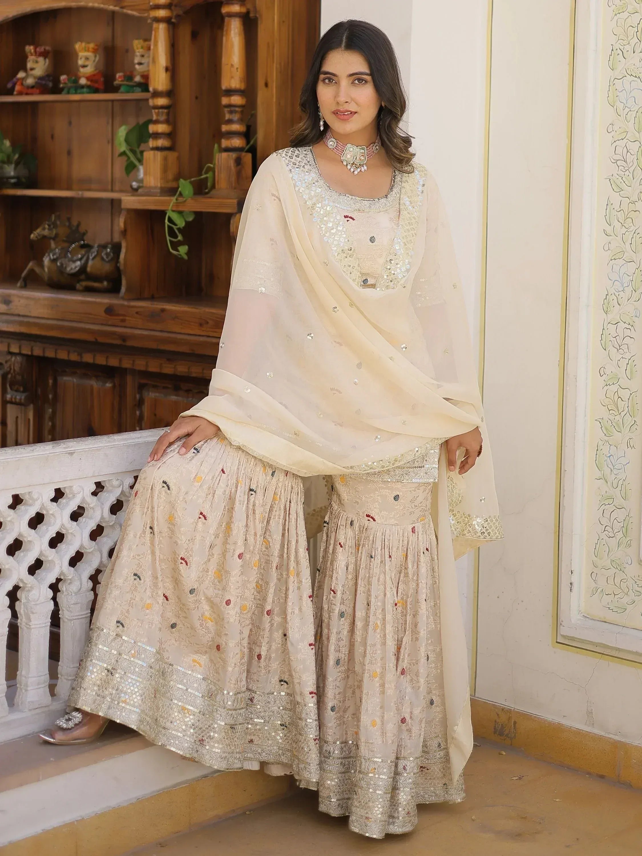 Cream embroidered lehenga choli with sequin dupatta, Indian ethnic wear for women
