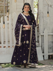 Stunning Purple Embroidered Silk Wedding Wear Gown With Dupatta