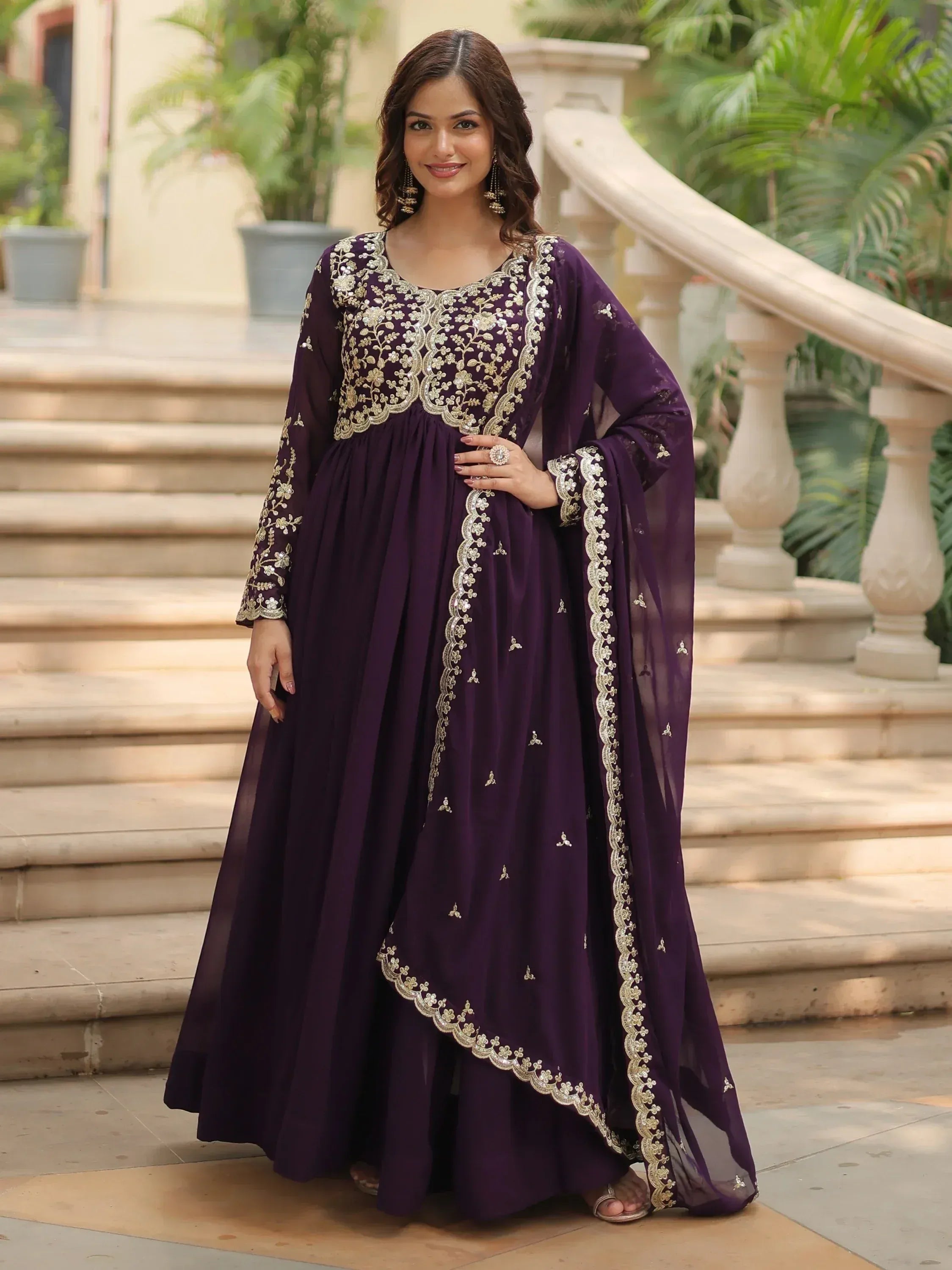 Purple embroidered anarkali suit with gold floral work, perfect for Indian ethnic occasions