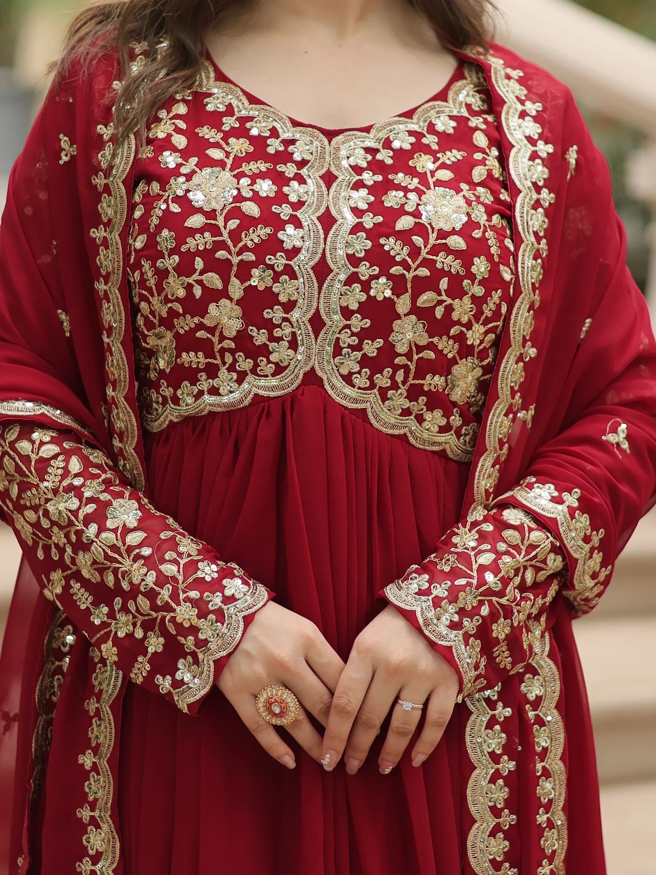 Red ethnic gown with gold floral embroidery and matching dupatta, Indian traditional wear