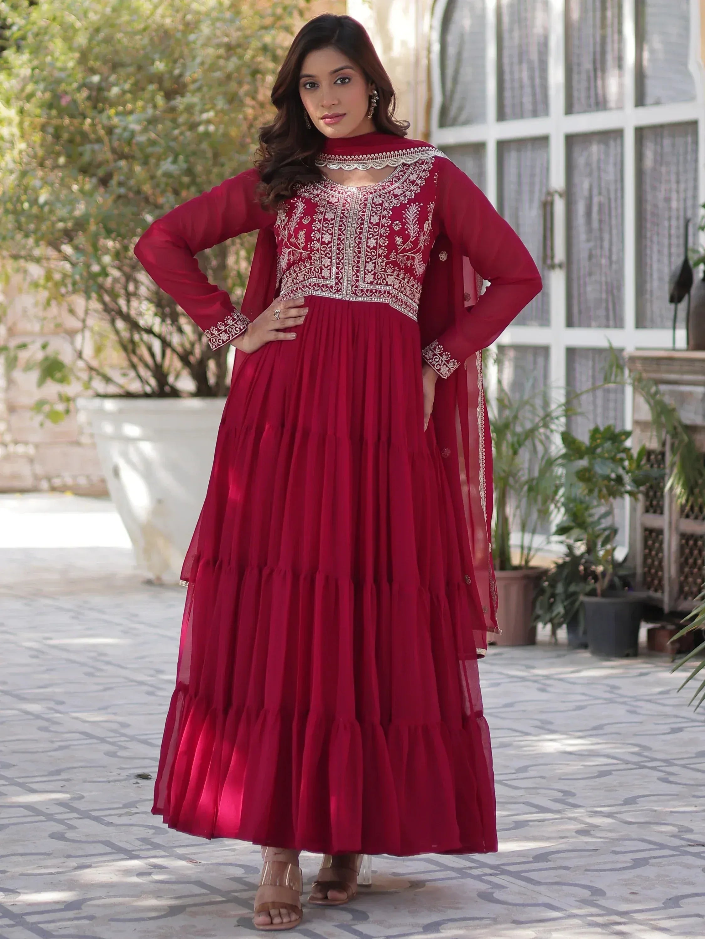 Maroon embroidered anarkali suit with pleated skirt, perfect for Indian ethnic wear occasions