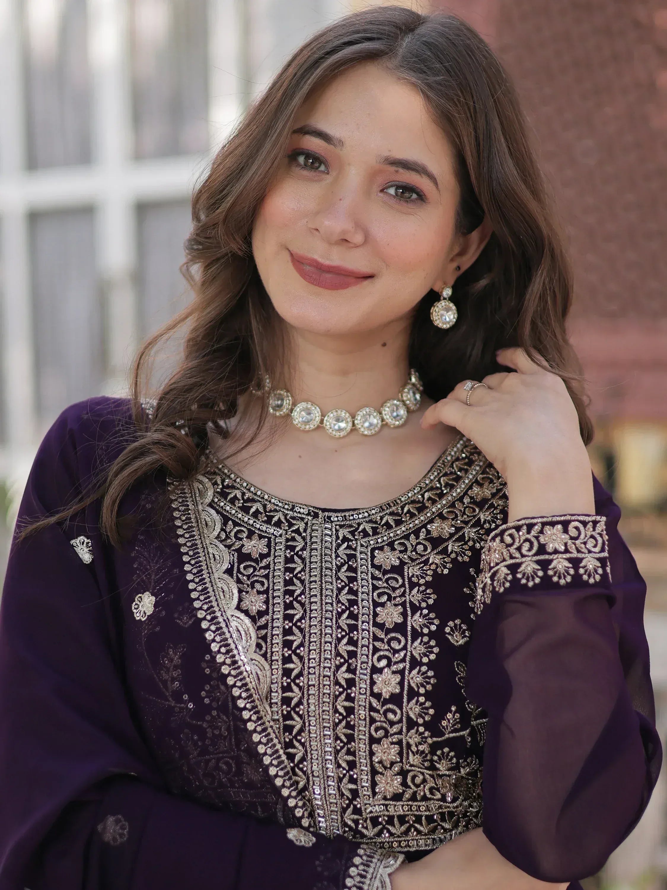 Elegant purple embroidered kurta with gold detailing, perfect for Indian ethnic wear occasions.