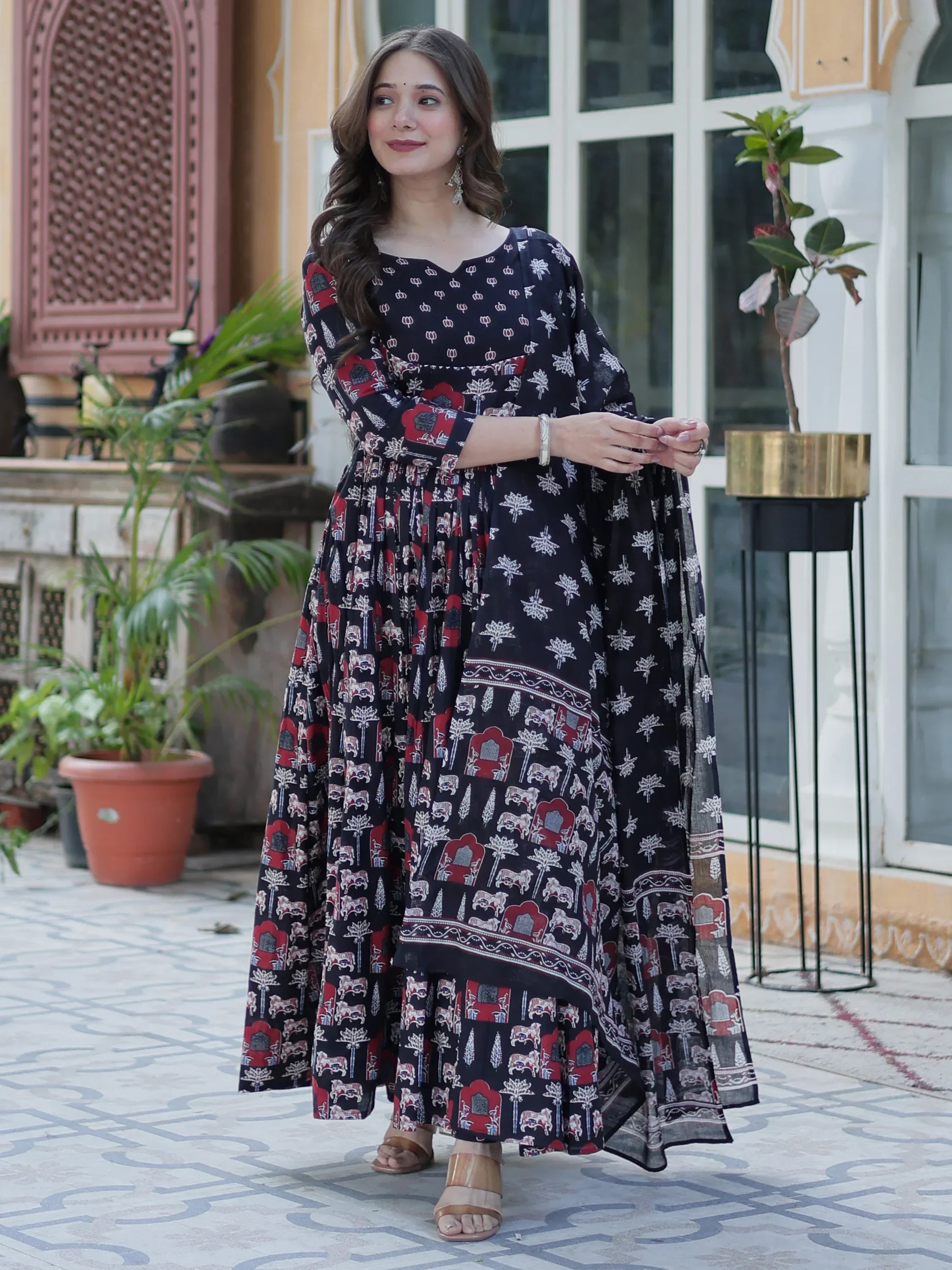 Sweet Black Pichwai Printed Cotton Traditional Anarkali Suit With Dupatta