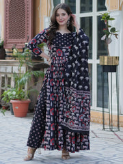 Sweet Black Pichwai Printed Cotton Traditional Anarkali Suit With Dupatta