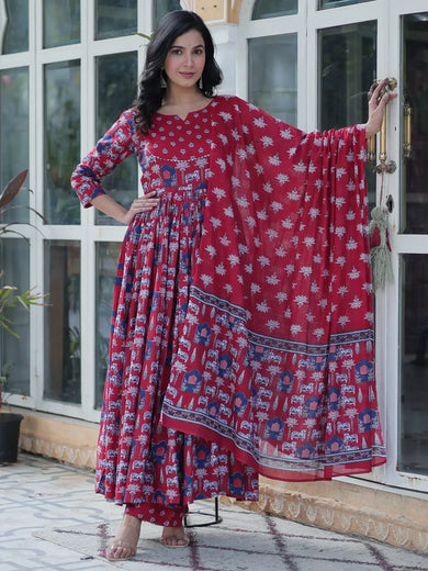 Adorable Maroon Pichwai Printed Cotton Casual Wear Anarkali Suit