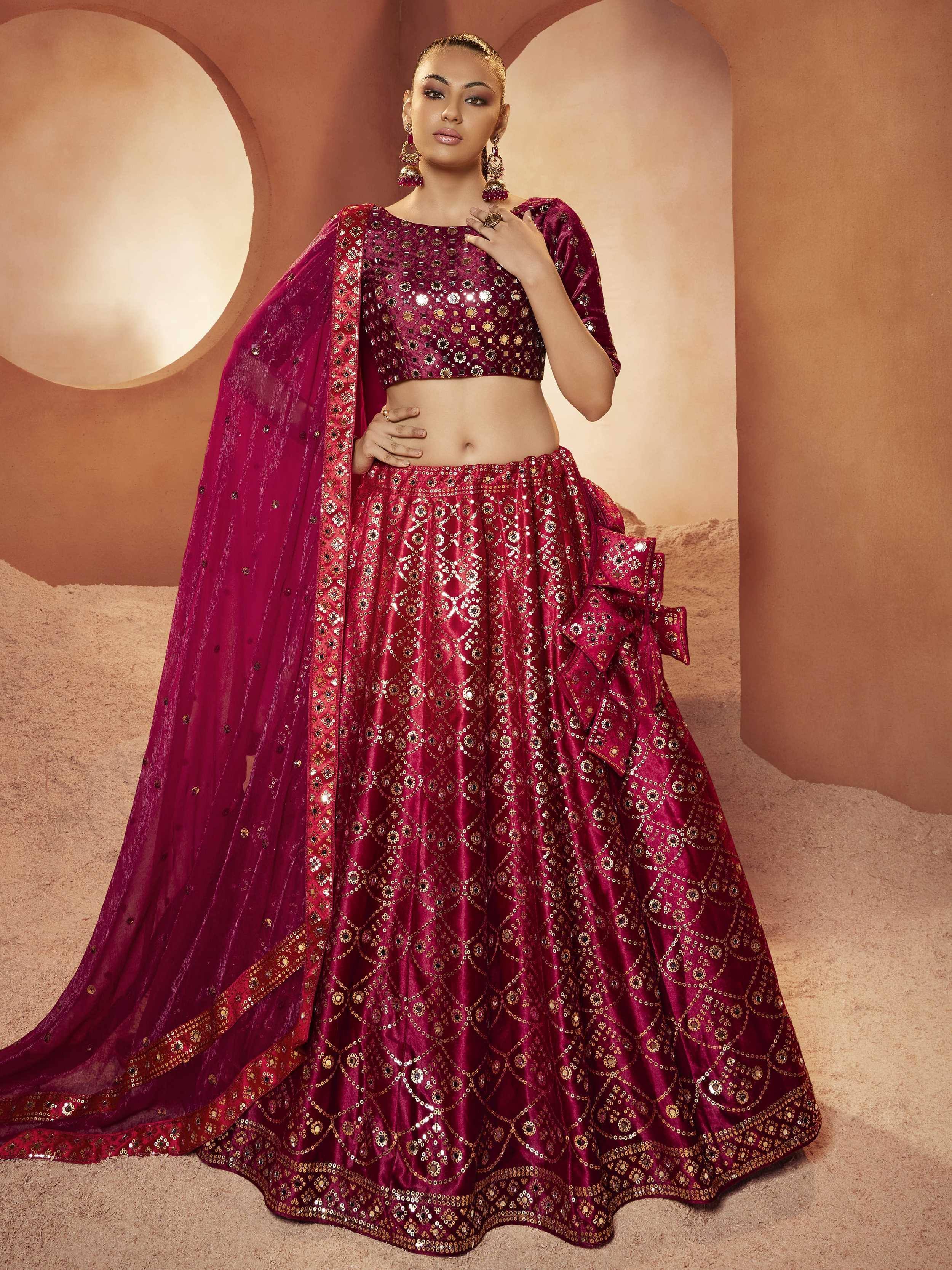 Burgundy sequin lehenga choli with mirror work and sheer dupatta, Indian ethnic wear