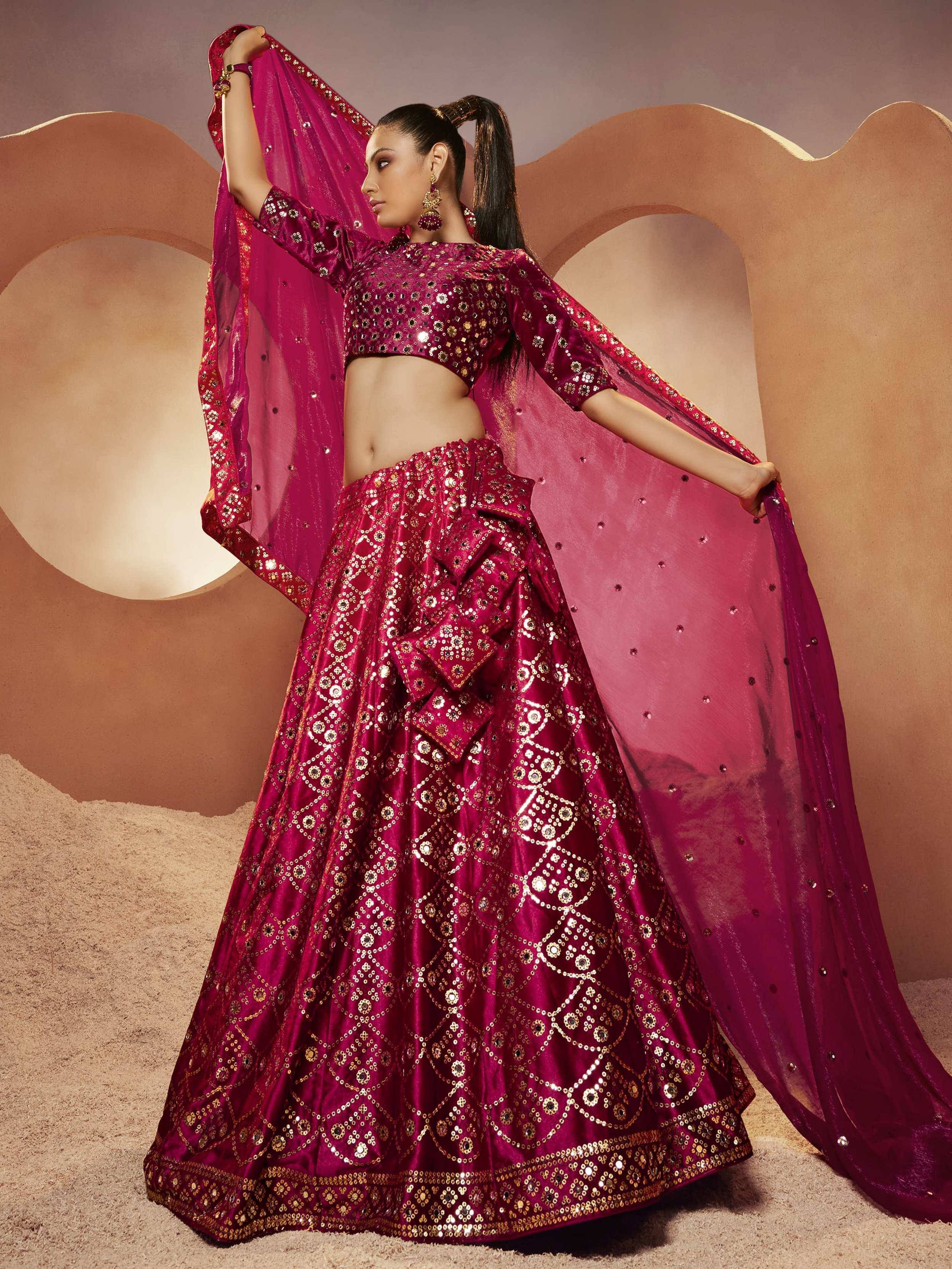 Fuchsia sequined lehenga choli with sheer dupatta, Indian ethnic wear for weddings and festivals