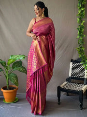 Erotic Magenta Jacquard Kanjeevaram Silk Wedding Saree With Blouse