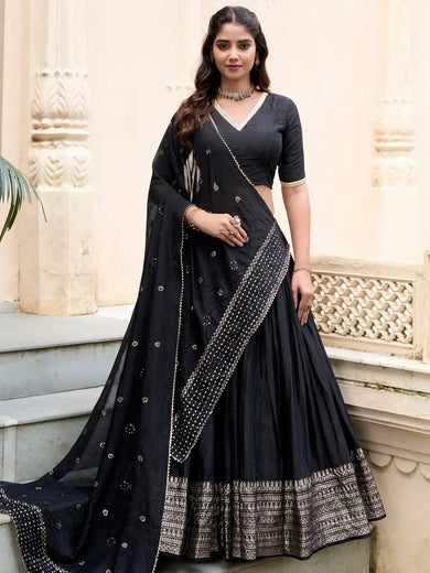 Magnetic Black Zari Weaving Chanderi Silk Lehenga Choli With Dupatta - Ethnic Plus In