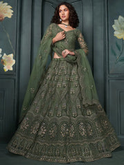 Magnetic Green Embroidered Net Bridesmaid Lehenga Choli With Dupatta - Ethnic Plus In
