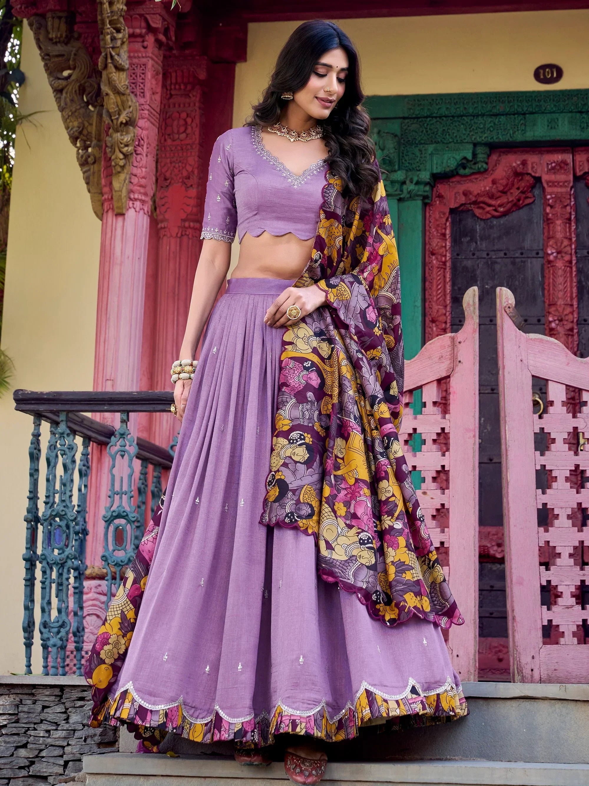 Purple designer lehenga choli with printed dupatta, ethnic wear for women