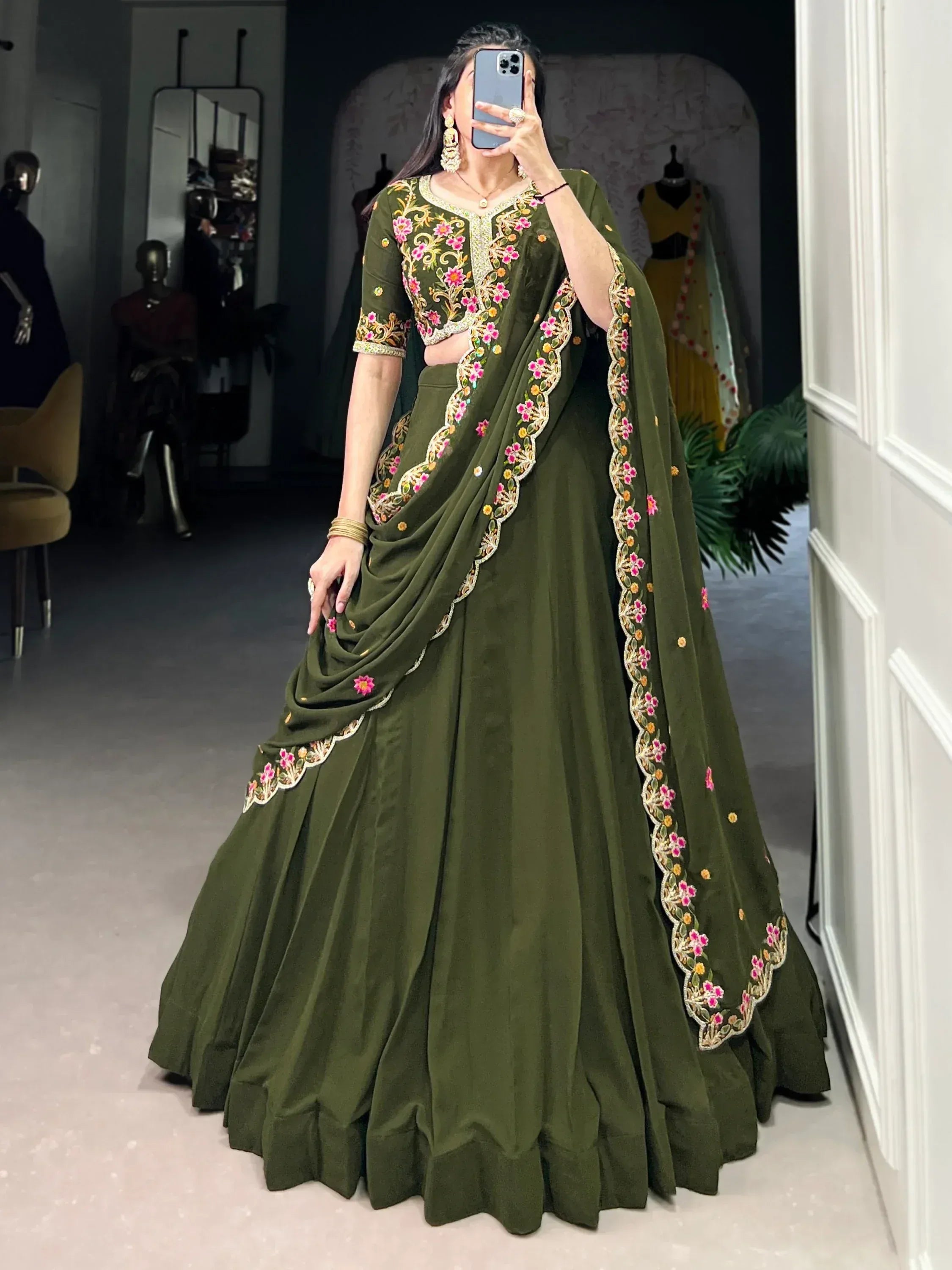 Olive green lehenga choli with floral embroidery, perfect for Indian ethnic wear and festive occasions.