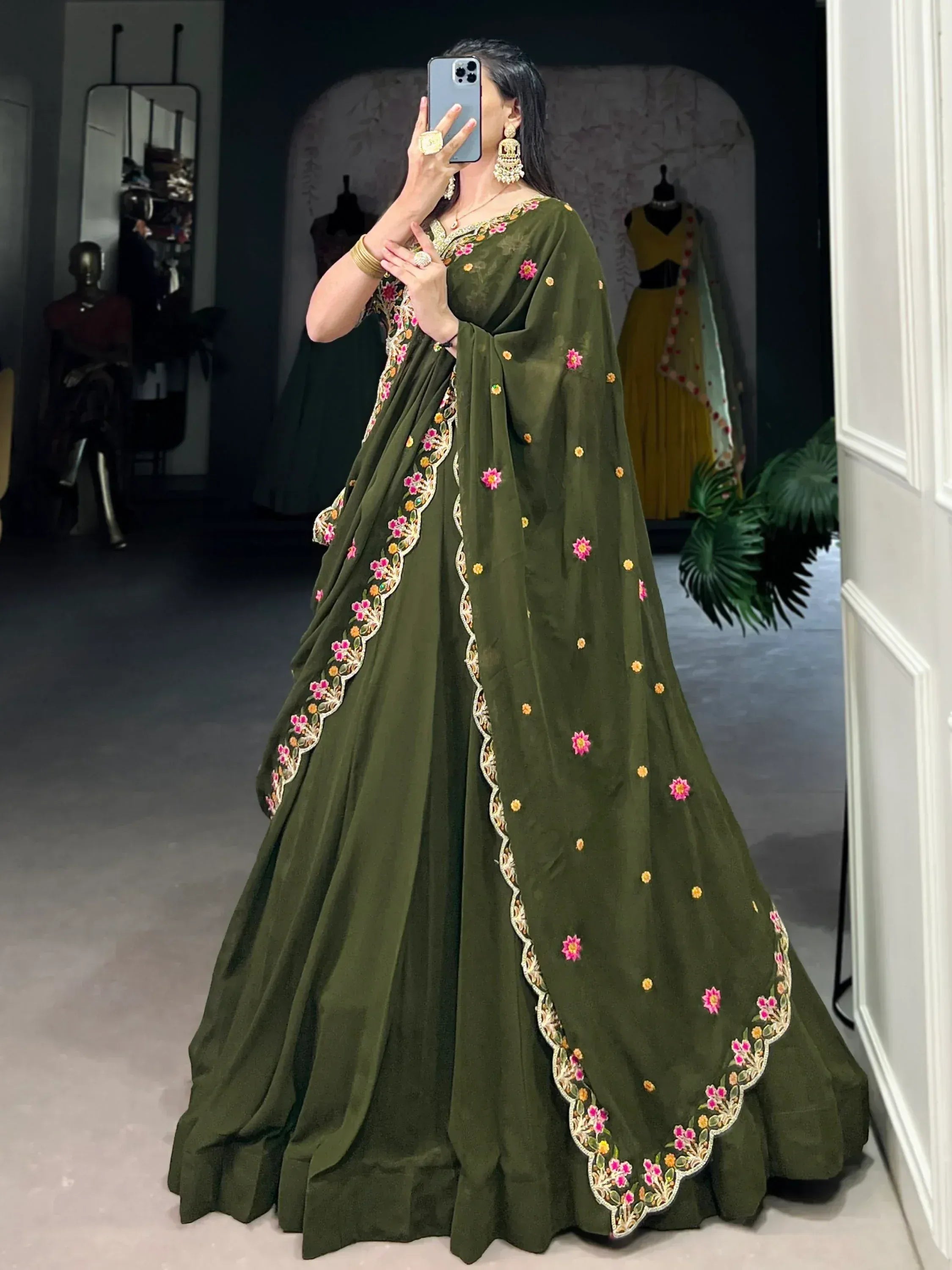 Olive green embroidered lehenga choli with floral detailing, perfect for Indian ethnic wear occasions