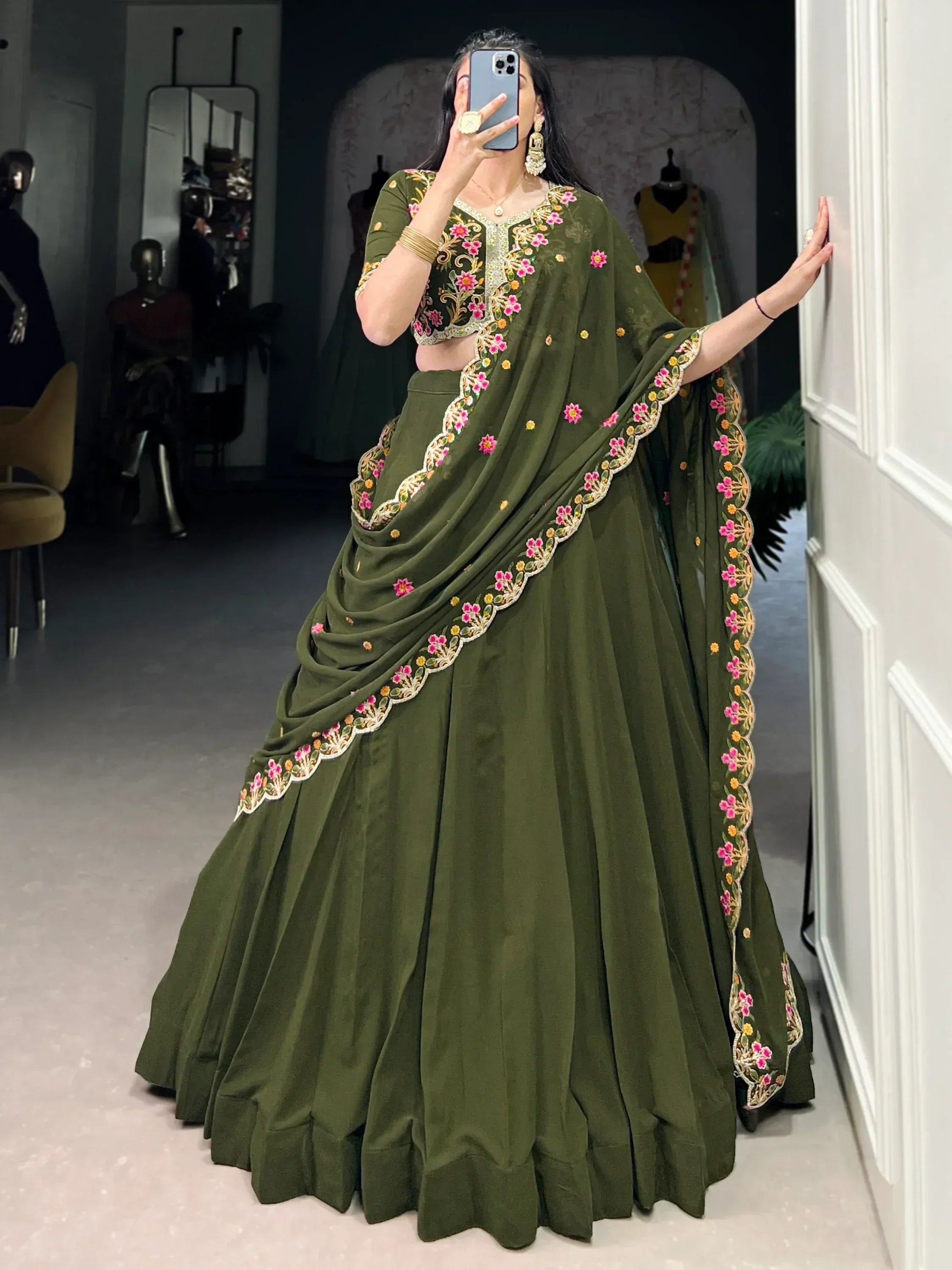 Olive green embroidered lehenga choli with floral detailing, perfect for Indian ethnic wear