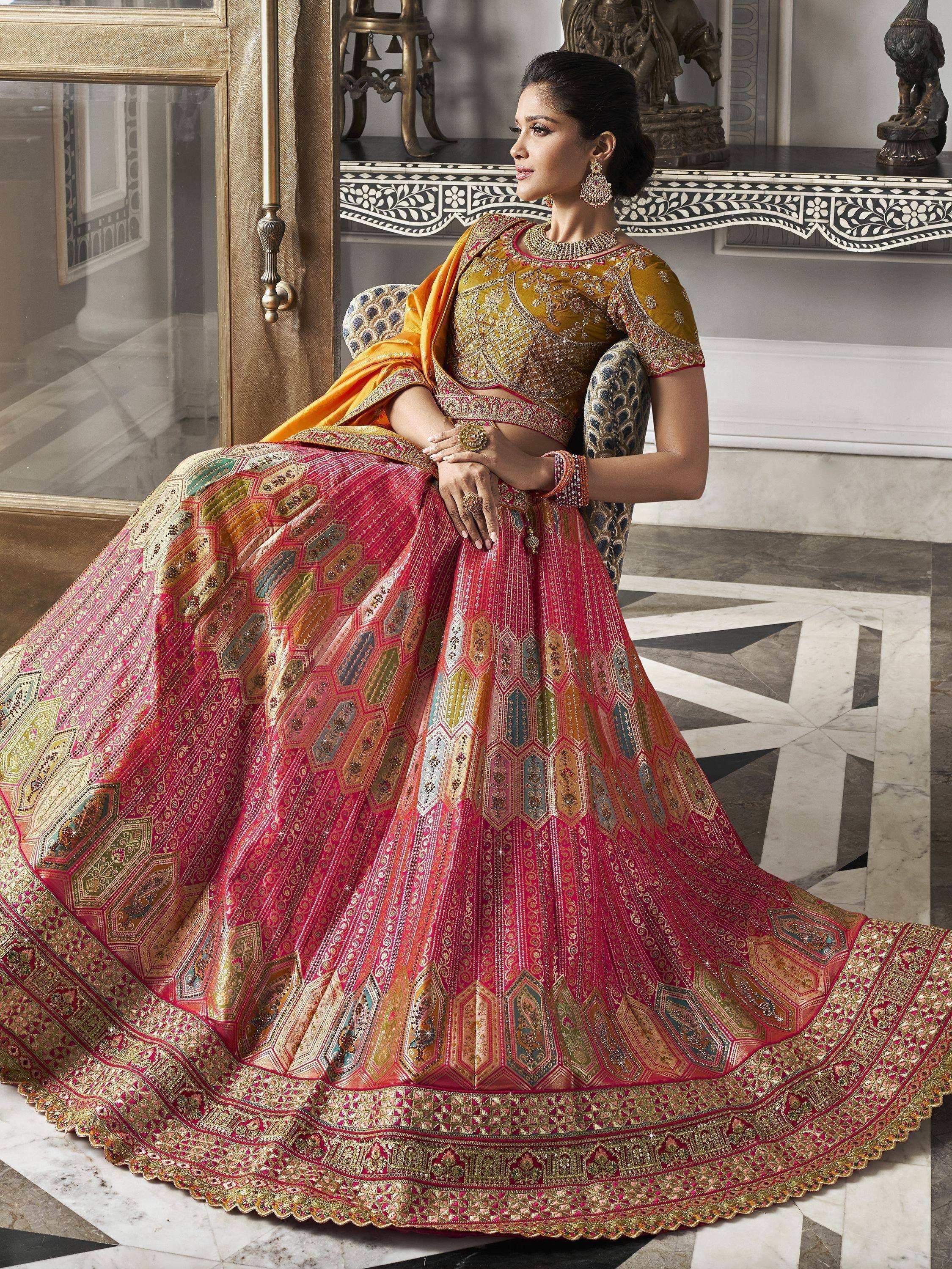 Elegant Indian lehenga choli with intricate embroidery, perfect for weddings and festive occasions.