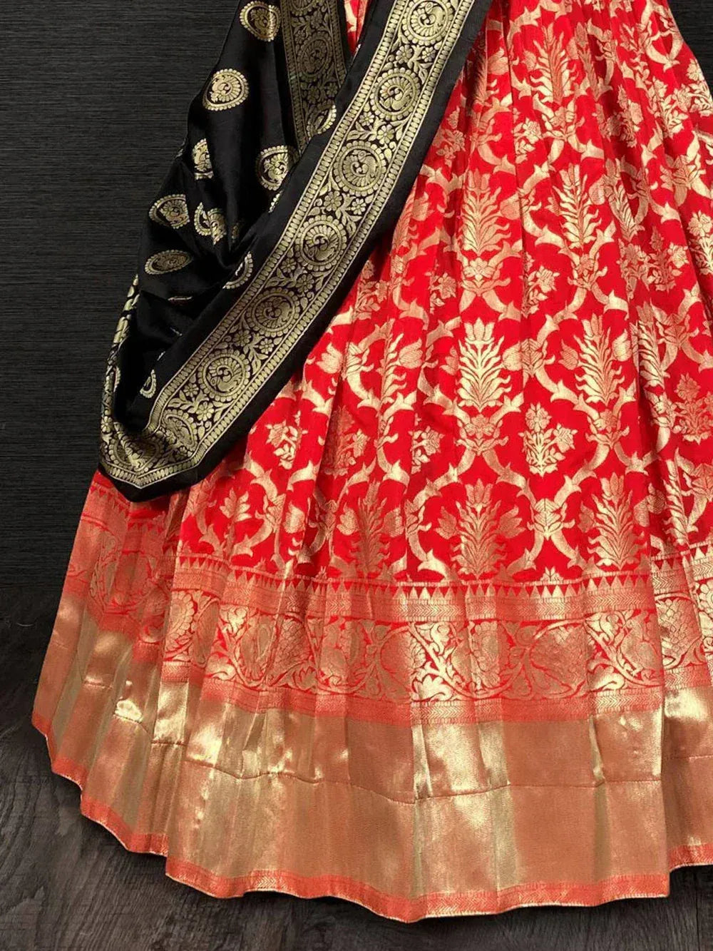 Red and gold brocade lehenga with black dupatta, Indian ethnic wear for weddings and festivals
