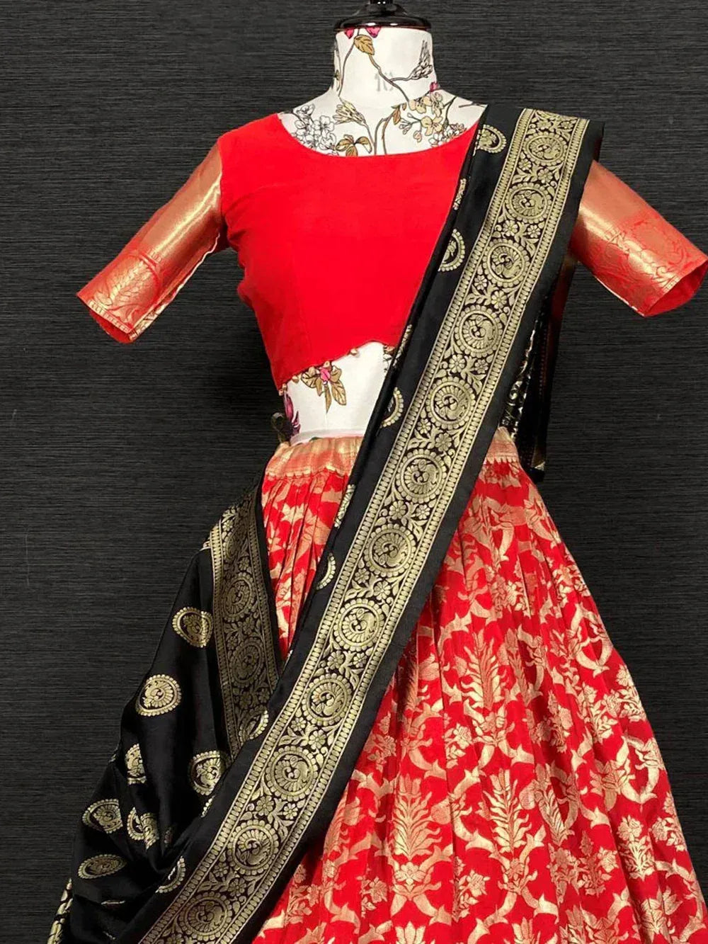 Red and gold designer lehenga choli with black dupatta, ethnic Indian wear for women
