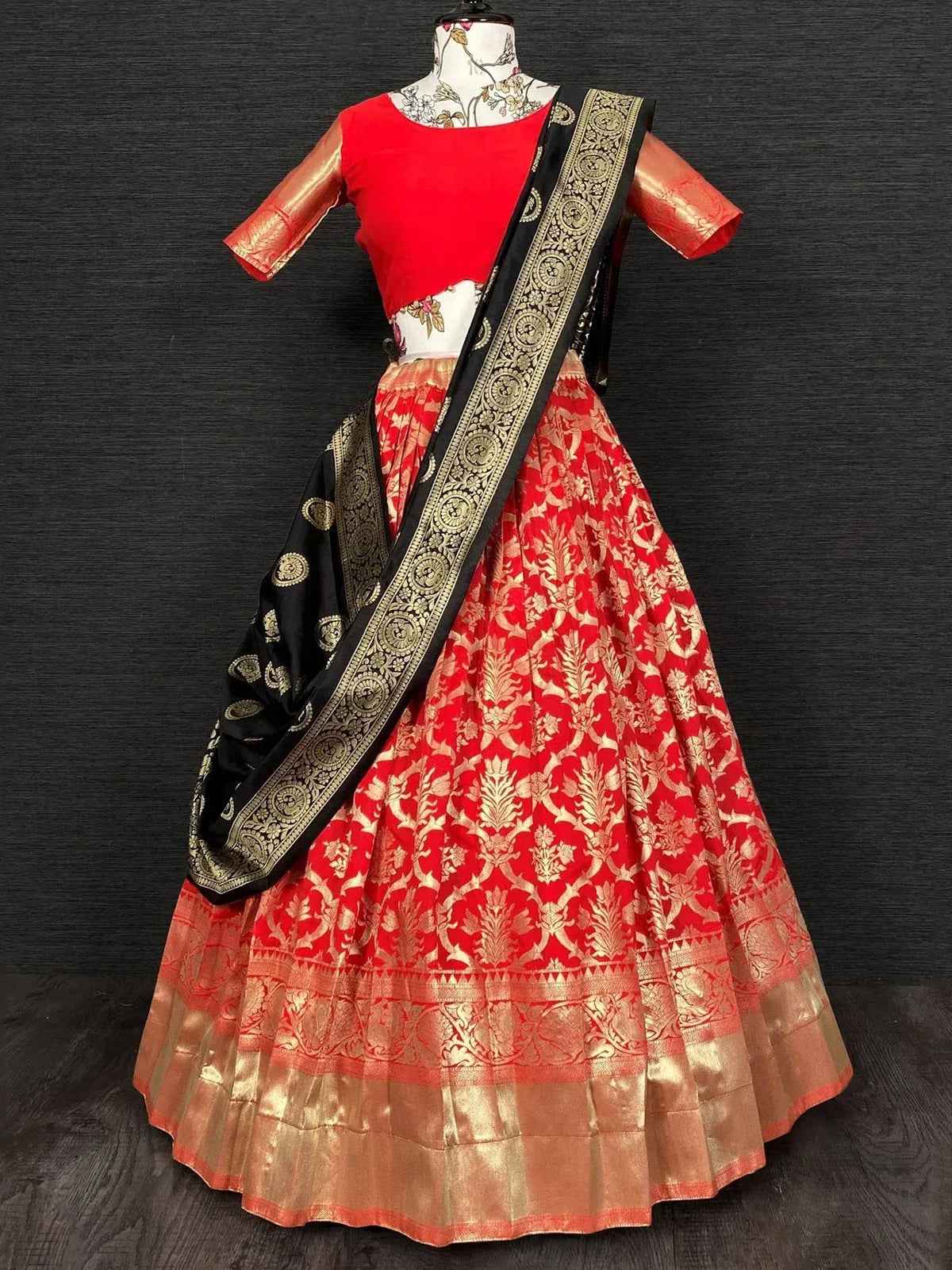 Red and gold designer lehenga choli with black dupatta, ethnic Indian wear for women