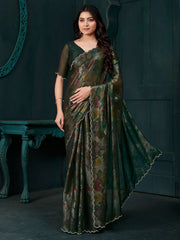 Magnetic Green Floral Printed Silk Casual Wear Saree With Blouse