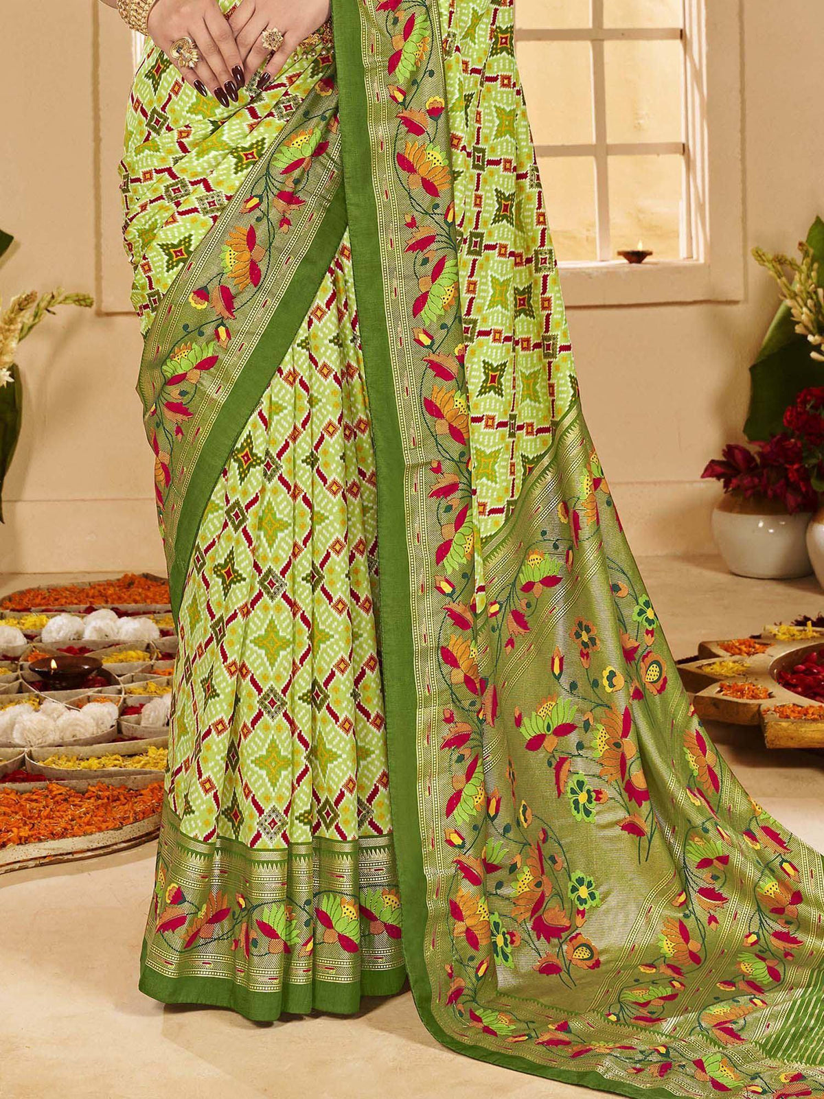 Green floral and geometric print saree with border, Indian ethnic wear for festive occasions
