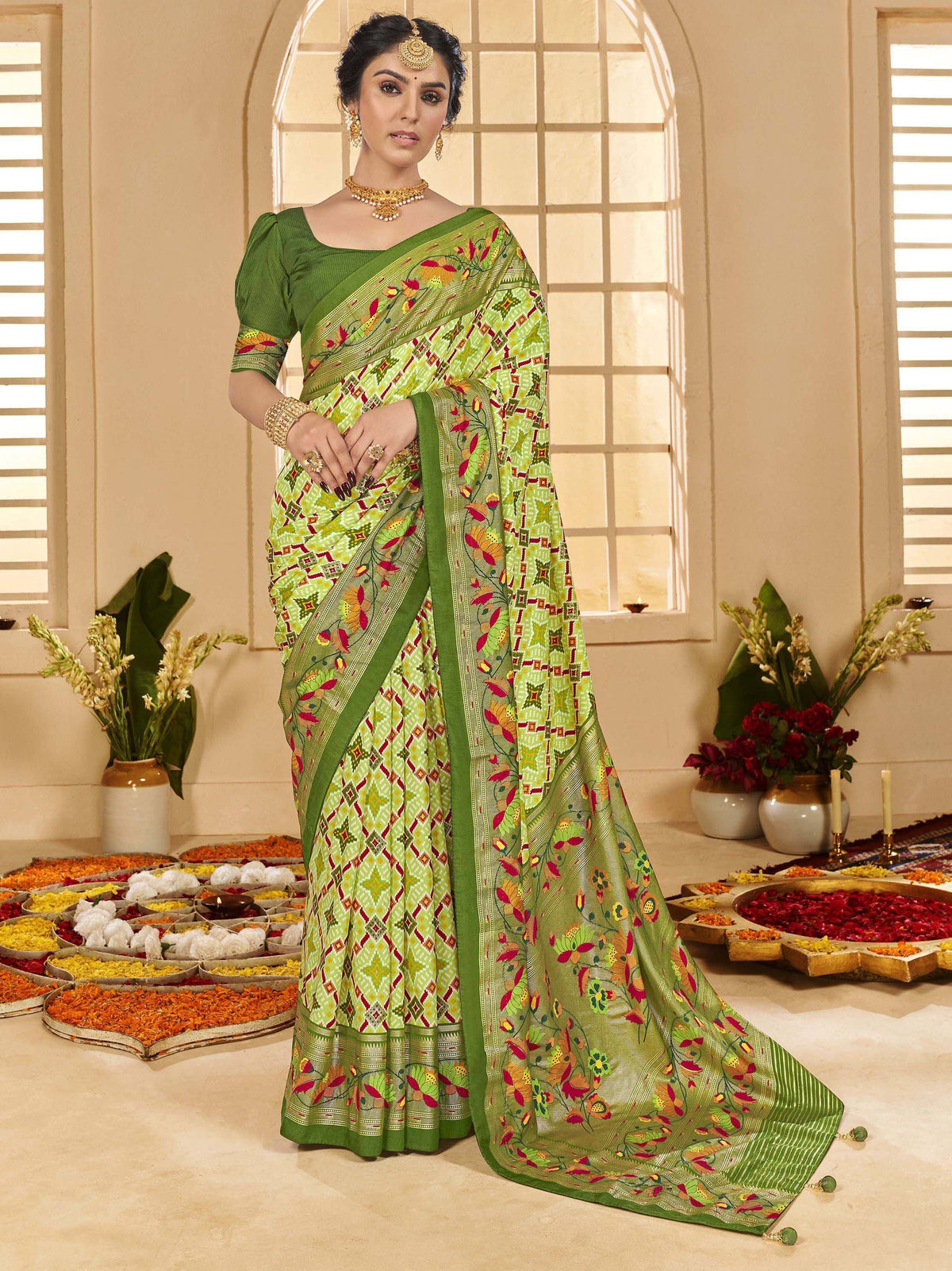 Green floral printed saree with ethnic design, perfect for Indian festivals and occasions