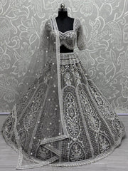 Magnificent Grey Pearl Work Net Engagement Wear Lehenga Choli - Ethnic Plus In