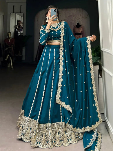 Magnificent Teal Blue Embroidered Vichitra Silk Engagement Wear Lehenga Choli - Ethnic Plus In