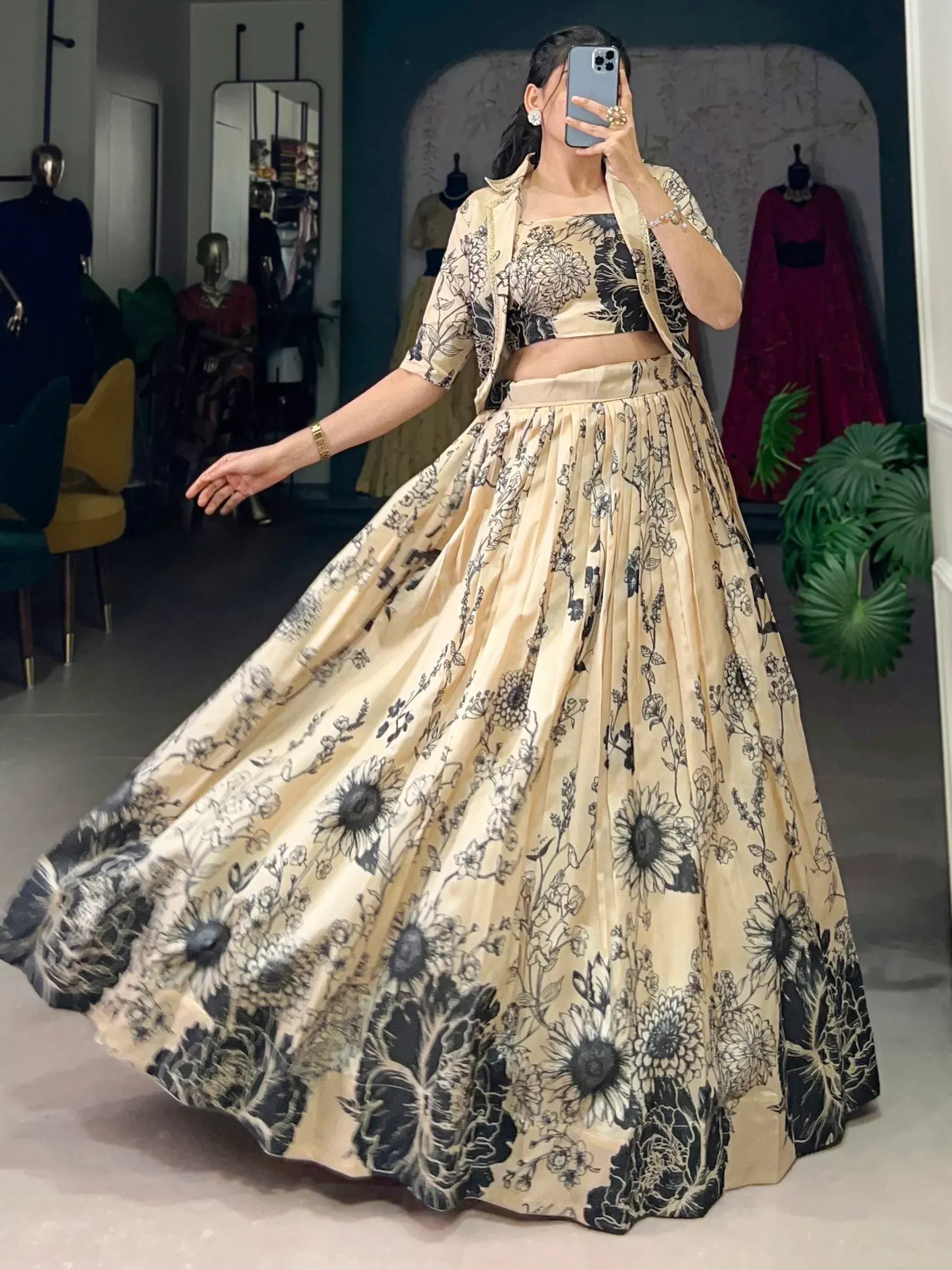 Beige floral lehenga choli with black print, perfect for Indian ethnic wear occasions