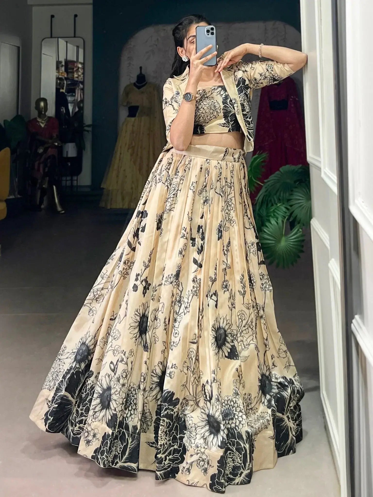 Majestic Cream Floral Printed Tussar Silk Festive Wear Crop Top Lehenga With Jacket - Ethnic Plus In