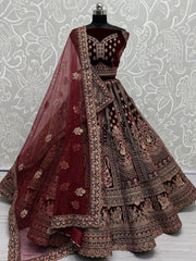 Majestic Dark Maroon Velvet Bridal Lehenga Choli With Double Dupatta - Ethnic Plus In