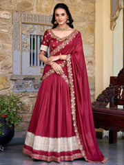 Majestic Maroon Border Work Vichitra Silk Wedding Wear Half Saree Lehenga - Ethnic Plus In