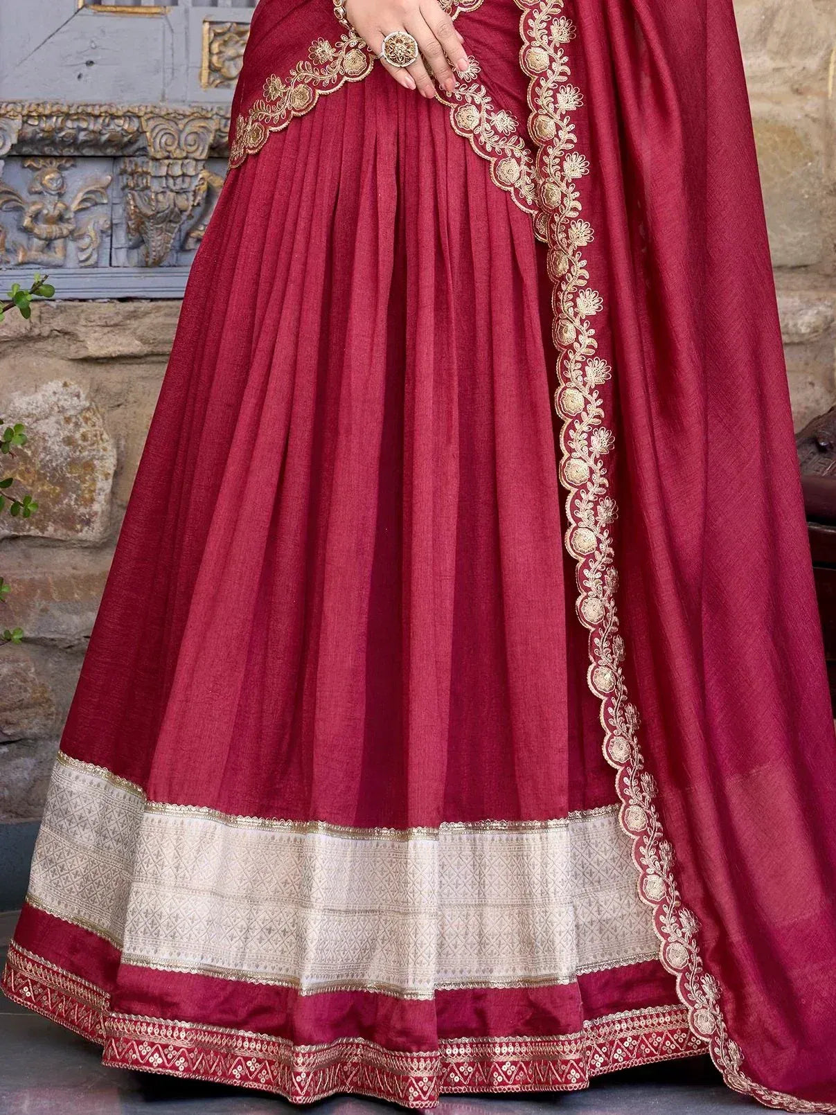Maroon lehenga choli with gold embroidery and dupatta, Indian ethnic wear for weddings