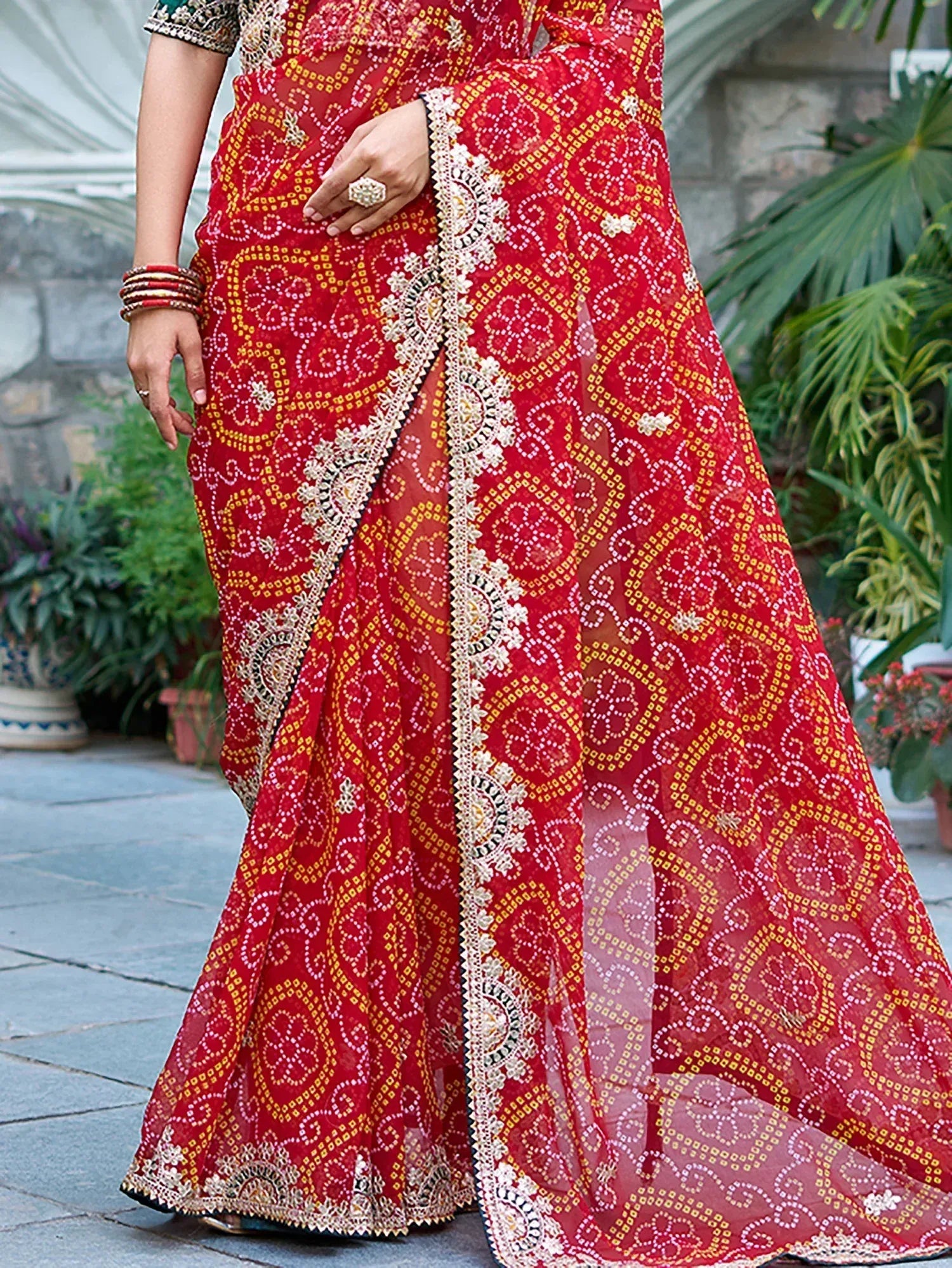 Red printed saree with gold and white embroidery, ethnic Indian wear for women