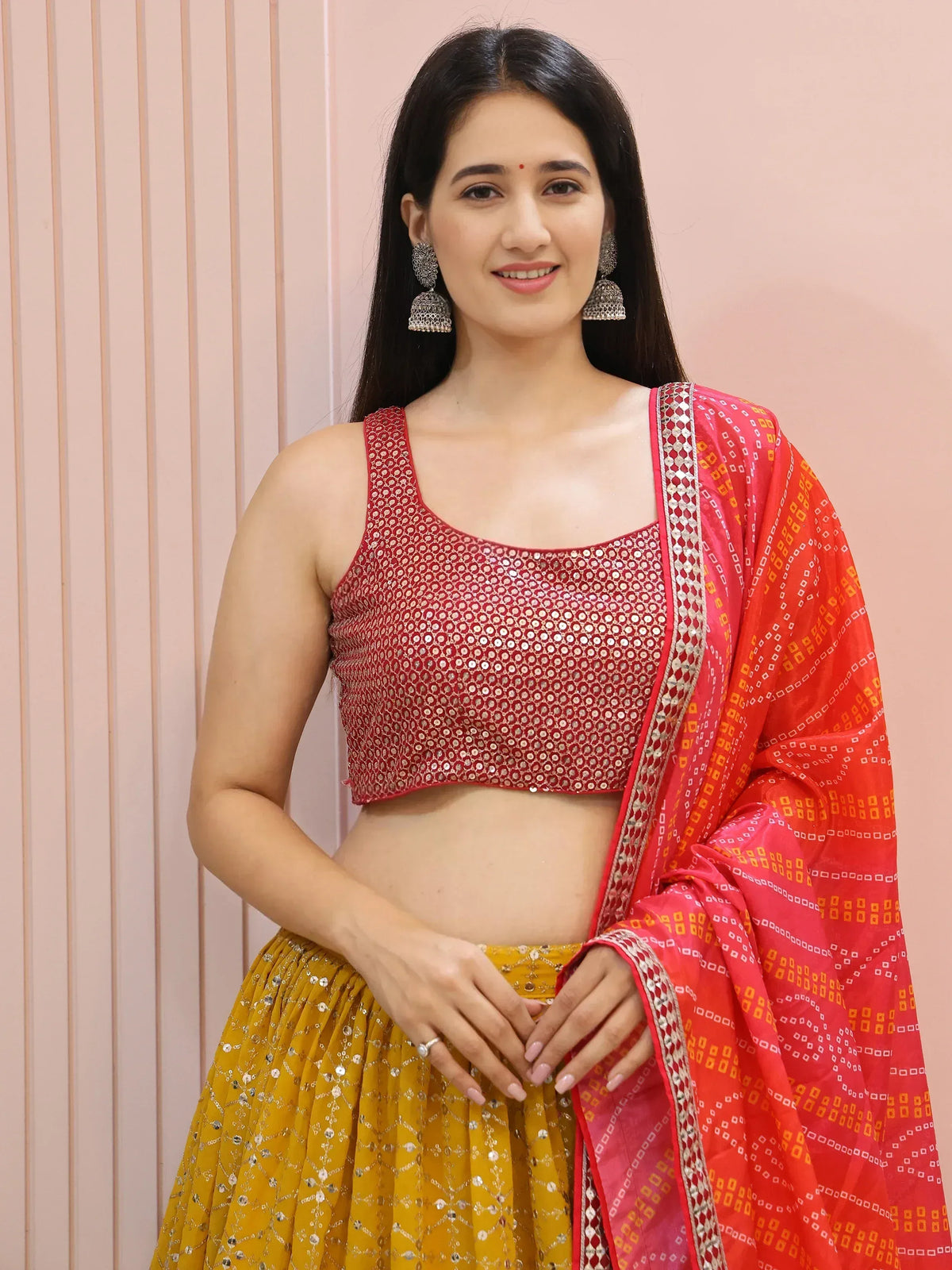 Red sequin crop top with yellow lehenga and printed dupatta, Indian ethnic wear