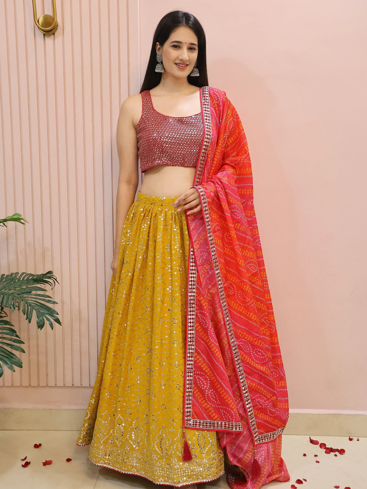 Yellow lehenga with red sequin blouse and printed dupatta, Indian ethnic wear