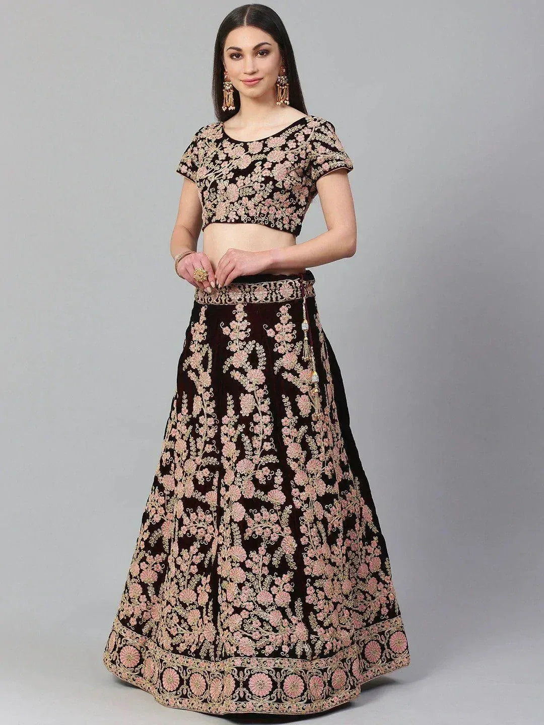 Black and pink floral embroidered lehenga choli, Indian ethnic wear for women