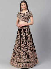Maroon & Peach-Coloured Embroidered Semi-Stitched Myntra Lehenga & Unstitched Blouse with Dupatta