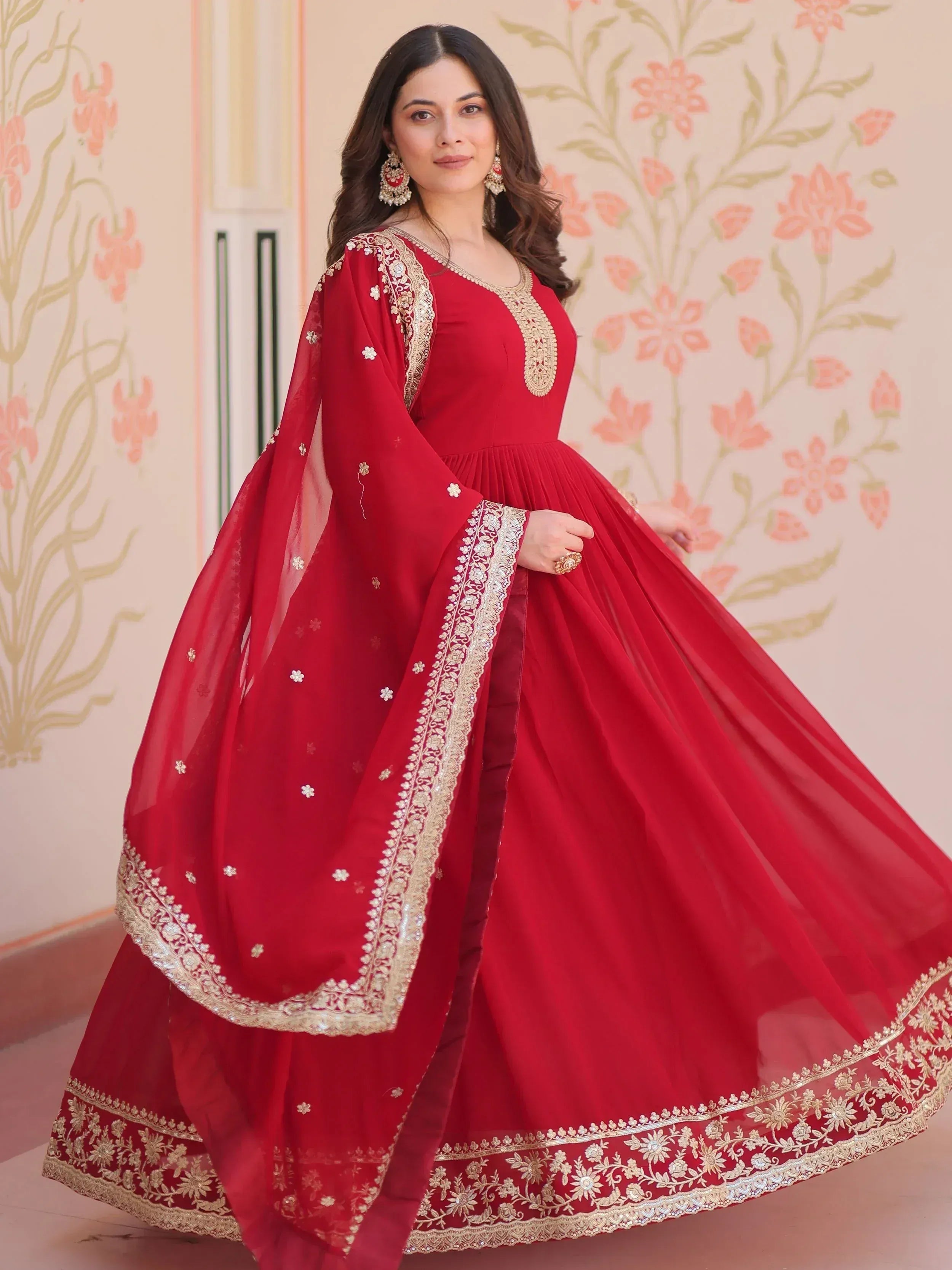Red Indian ethnic gown with gold embroidery, perfect for weddings and festivals
