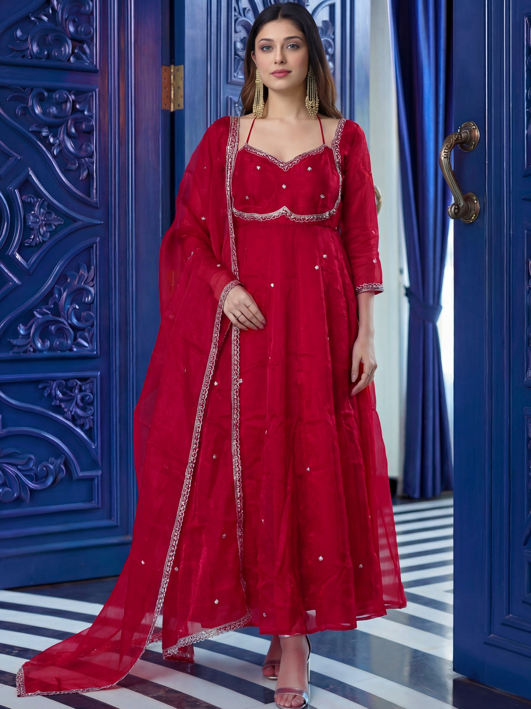 Precious Maroon Zari Embroidered Silk Wedding Anarkali Gown