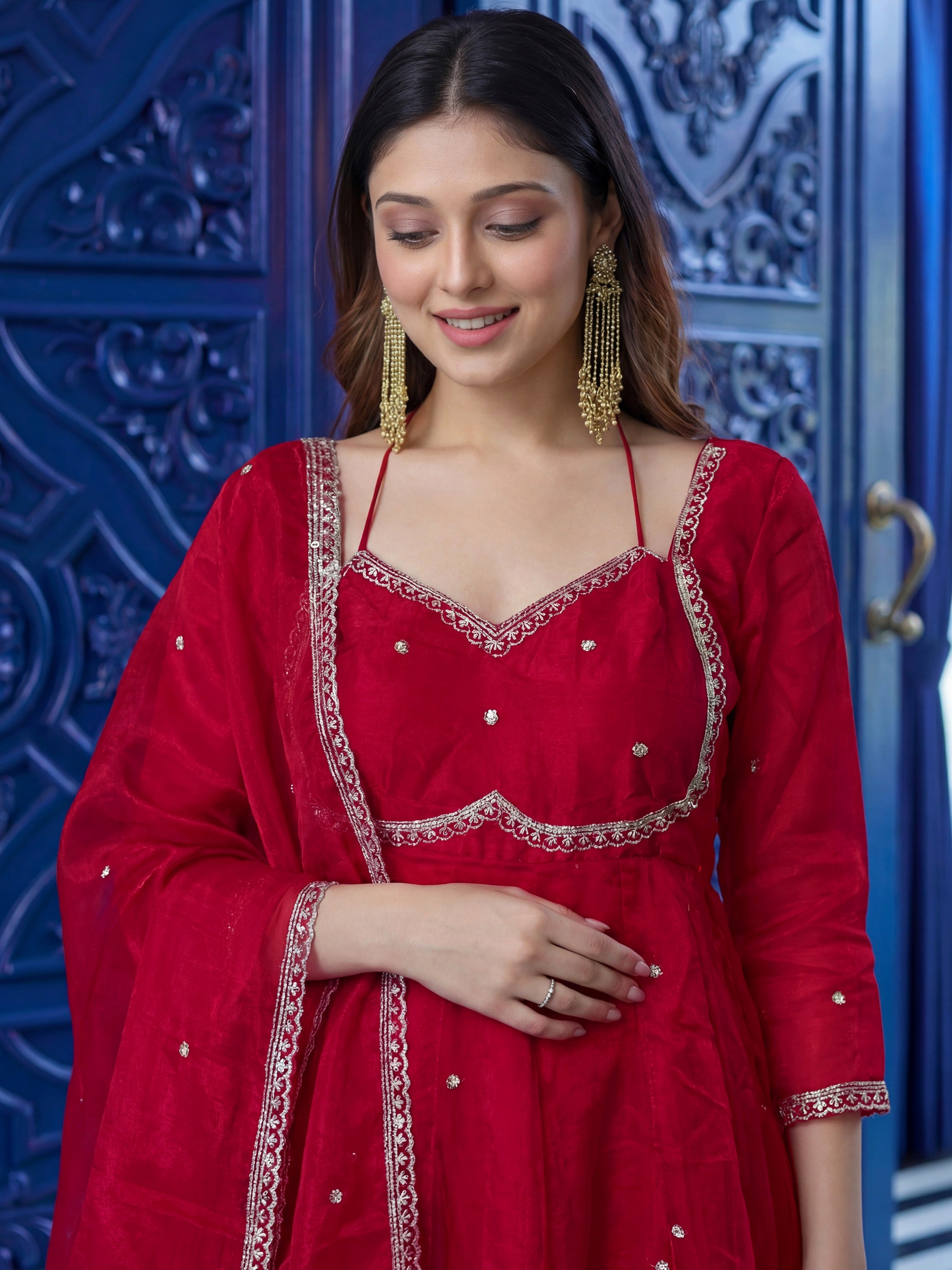 Precious Maroon Zari Embroidered Silk Wedding Anarkali Gown