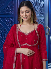 Precious Maroon Zari Embroidered Silk Wedding Anarkali Gown