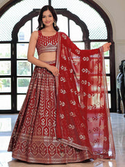 Elegant Maroon Georgette Embroidered Lehenga Choli With Dupatta