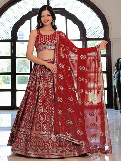 Elegant Maroon Georgette Embroidered Lehenga Choli With Dupatta