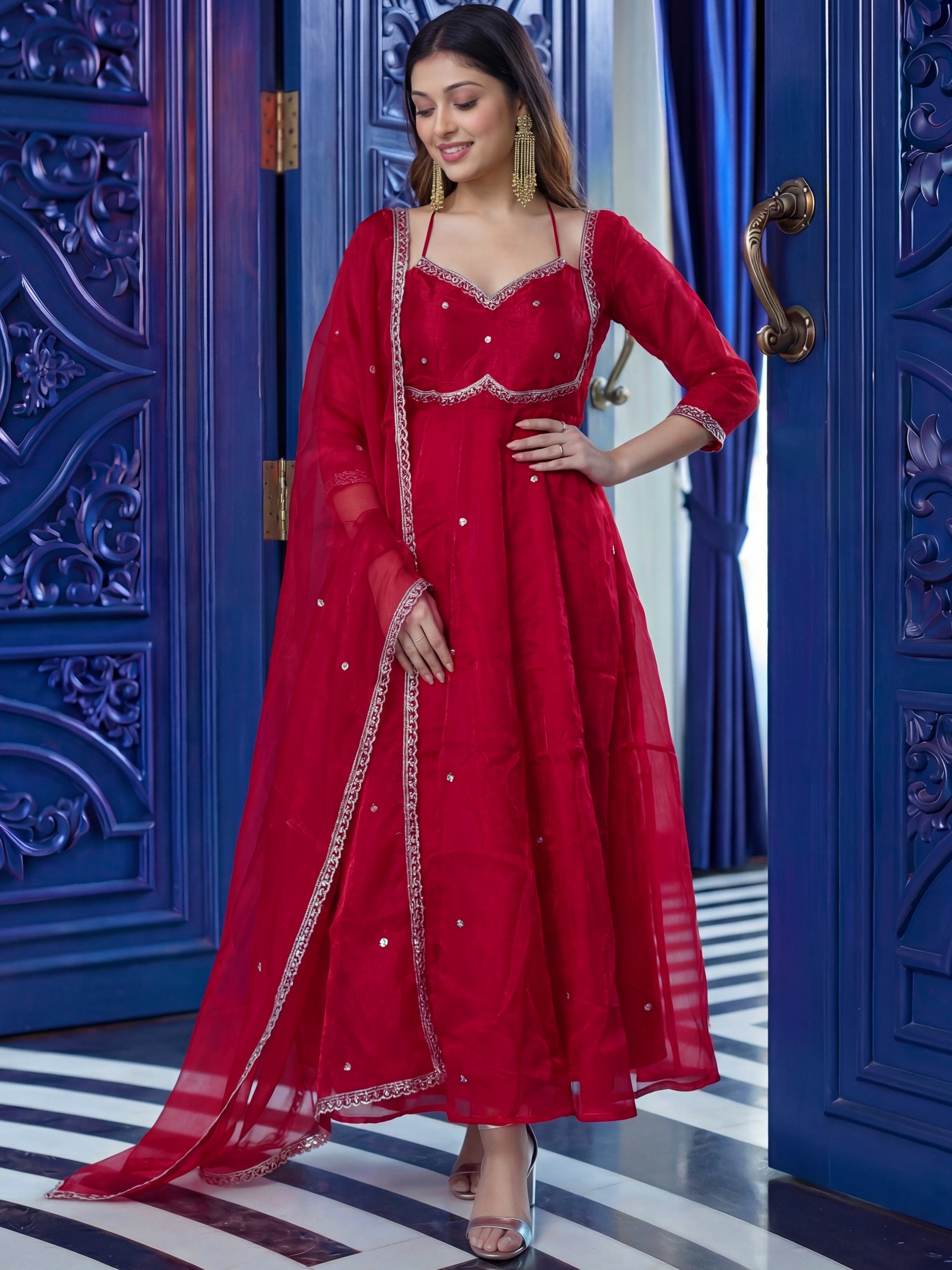 Precious Maroon Zari Embroidered Silk Wedding Anarkali Gown