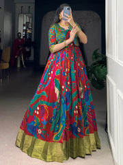 Adorable Maroon Kalamkari Printed Silk Wedding Wear Gown With Koti