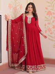 Awesome Maroon Georgette Zari Embroidered Gown With Dupatta