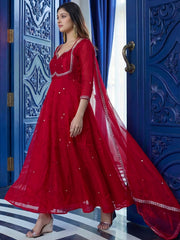 Precious Maroon Zari Embroidered Silk Wedding Anarkali Gown